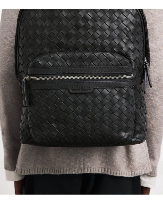 Officine Creative Black Leather Woven Armor Backpack for men