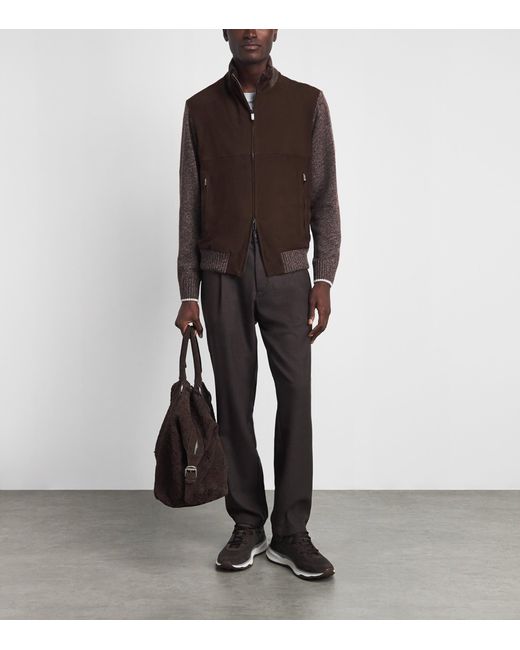 Paul & Shark Brown Suede Knitted-Sleeve Jacket for men