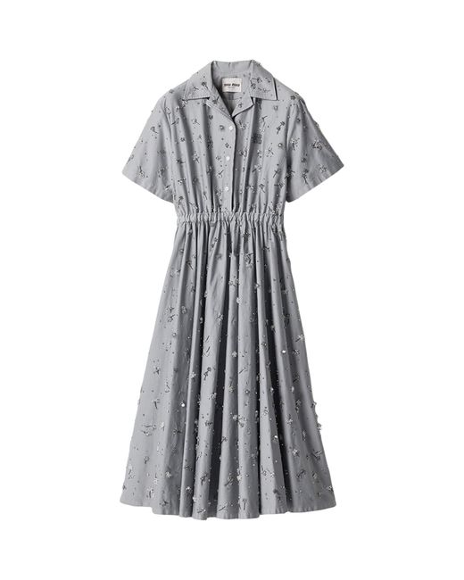 Miu Miu Gray Cotton Satin Embellished Midi Shirt Dress