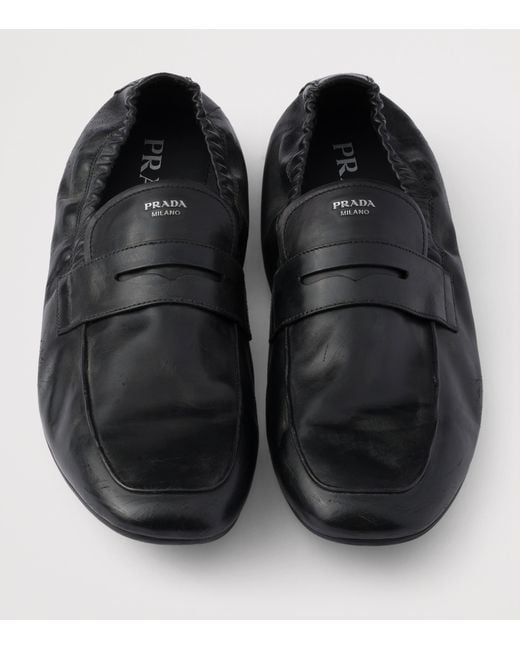 Prada Black Antiqued Leather Shuffle Loafers for men