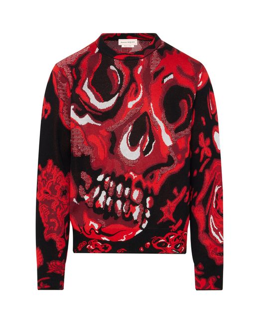 Alexander McQueen Red Jacquard Skull Sweater for men