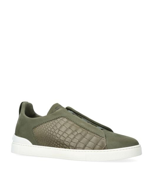 Zegna Green Crocodile Leather Triple Stitch Secondskin Sneakers for men