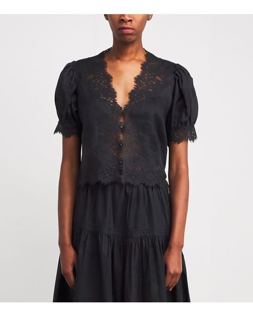 Doen Black Ramie Lace-Trim Idella Blouse