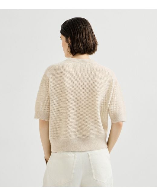 Brunello Cucinelli White Sparkling Short-Sleeve Sweater
