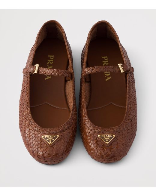 Prada Brown Woven Leather Ballet Flats