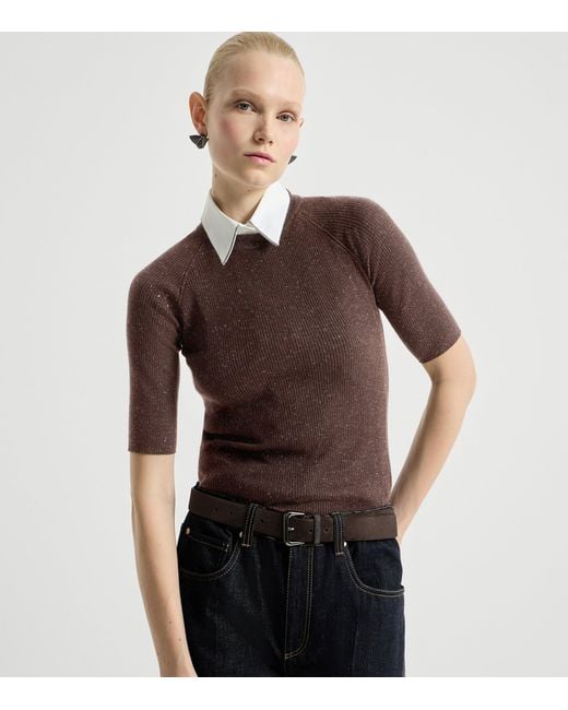 Brunello Cucinelli Brown Cashmere Sparkling Short-Sleeve Sweater