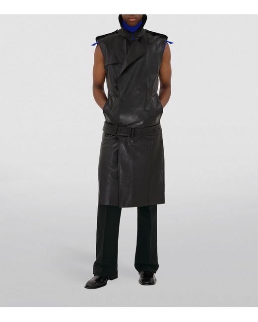 Burberry Black Leather Sleeveless Trench Coat for men