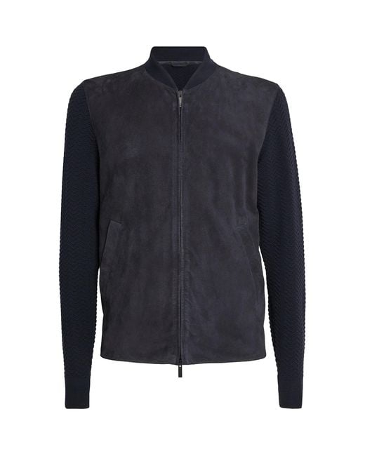 Giorgio Armani Blue Suede Virgin Wool-Sleeve Bomber Jacket for men