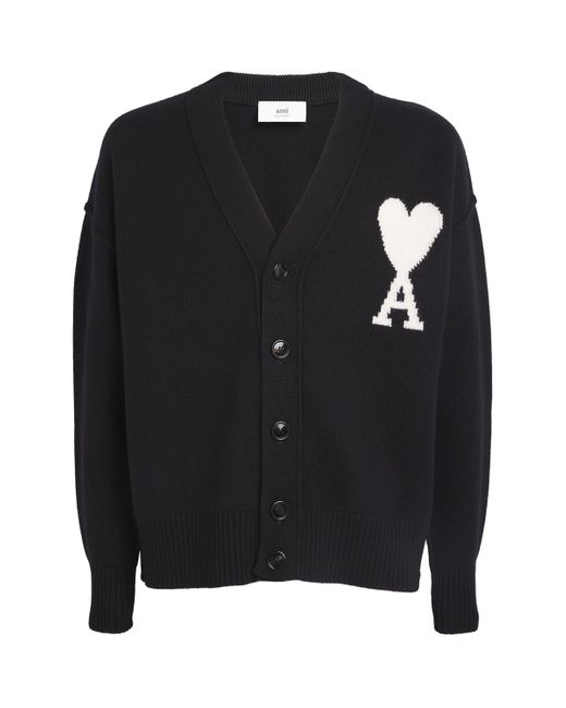 AMI Black Virgin Wool Logo Cardigan for men