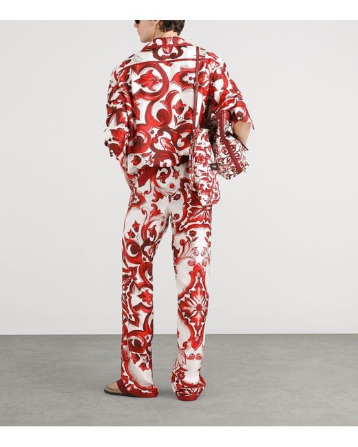 Dolce & Gabbana Red Silk Majolica Print Trousers