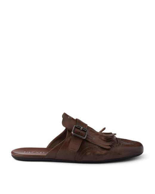 Prada Brown Antiqued Leather Shuffle Mules for men