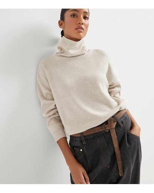 Brunello Cucinelli White Cashmere High-Neck Sweater