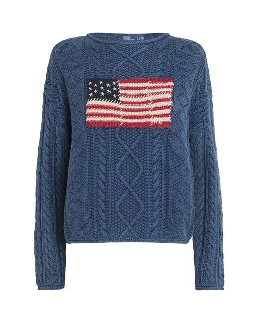 Polo Ralph Lauren Blue Cotton Aran-Knit Flag Sweater