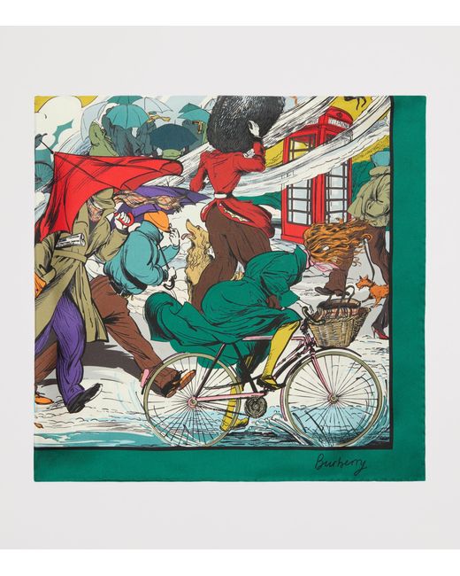 Burberry Green Silk Raining Cats And Dogs Scarf