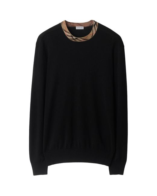 Burberry Black Checked Trim Crewneck Jumper for men