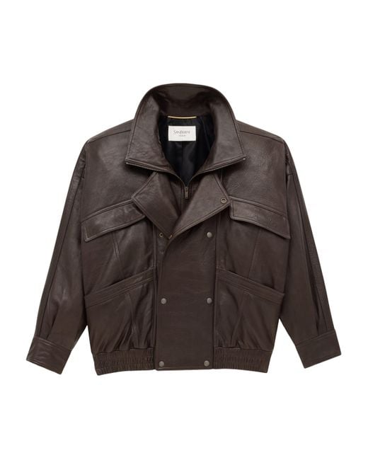 Saint Laurent Brown Leather Bomber Jacket
