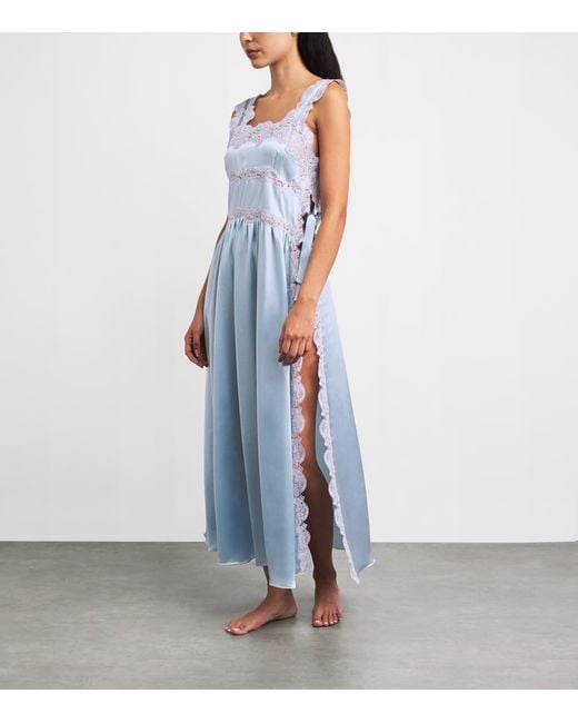 Loretta Caponi Blue Silk Lace-Detail Sabina Nightdress