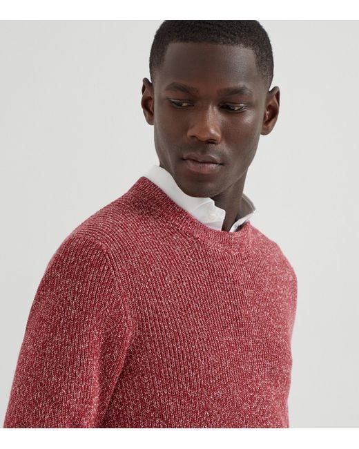 Brunello Cucinelli Red Cotton-Linen English Rib Sweater for men