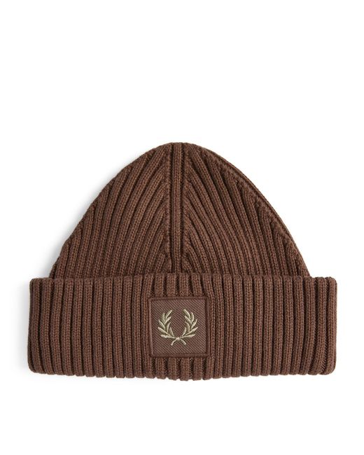 Fred Perry Brown Cotton Ribbed Logo Beanie for men