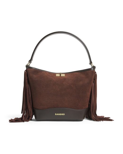 Sandro Brown Mini Leather Fringe Tangoso Bucket Bag