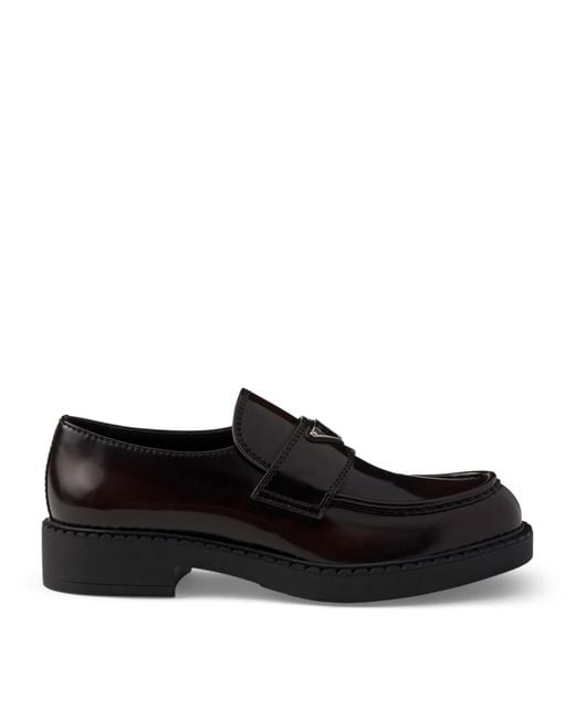 Prada Black Leather Brushed Triangle Loafers for men
