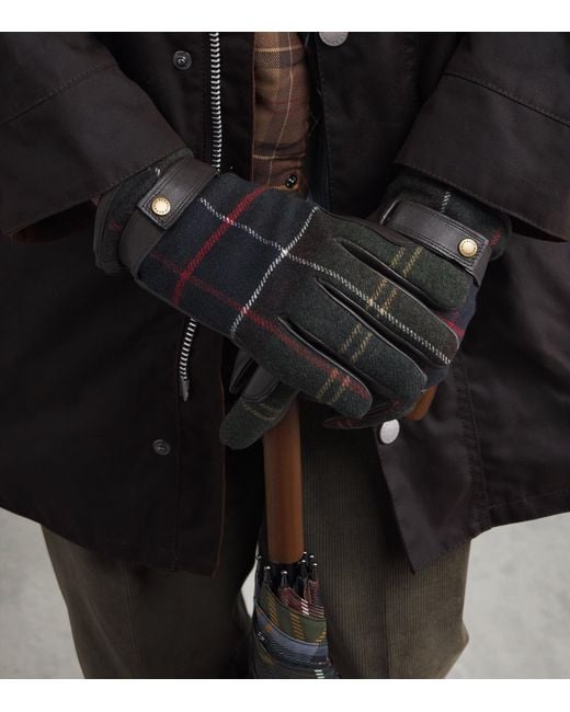 Barbour Black Leather-Wool Newbrough Tartan Gloves for men