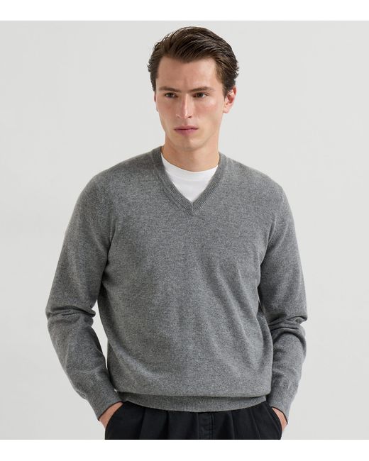 Brunello Cucinelli Gray Cashmere V-Neck Sweater for men