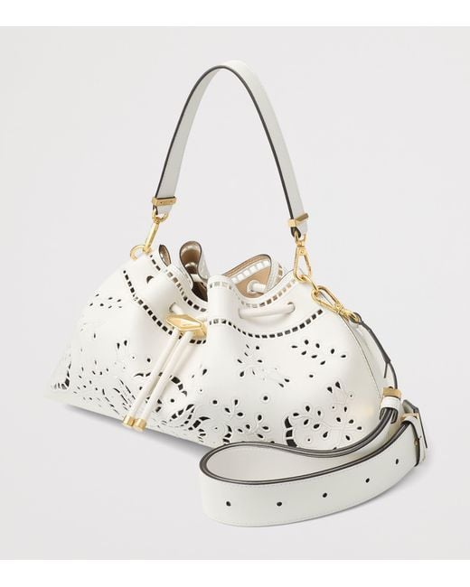 Jimmy Choo White Medium Cinch Cut-Out Leather Bucket Bag