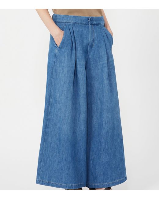 Max Mara Blue Cotton-Linen Wide-Leg Trousers