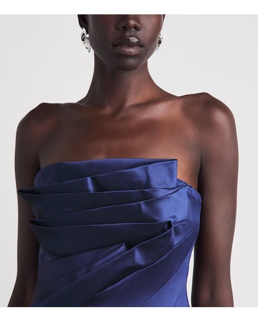 Talbot Runhof Blue Mikado Satin Pleated Gown