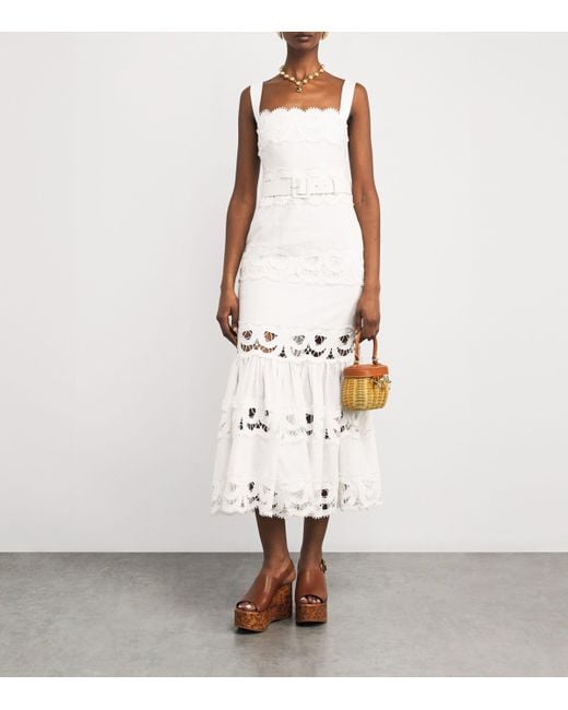 Self-Portrait Lace-Insert Belted Midi Dress in White | Lyst Self-Portrait Lace-Insert Belted Midi Dress in White | Lyst