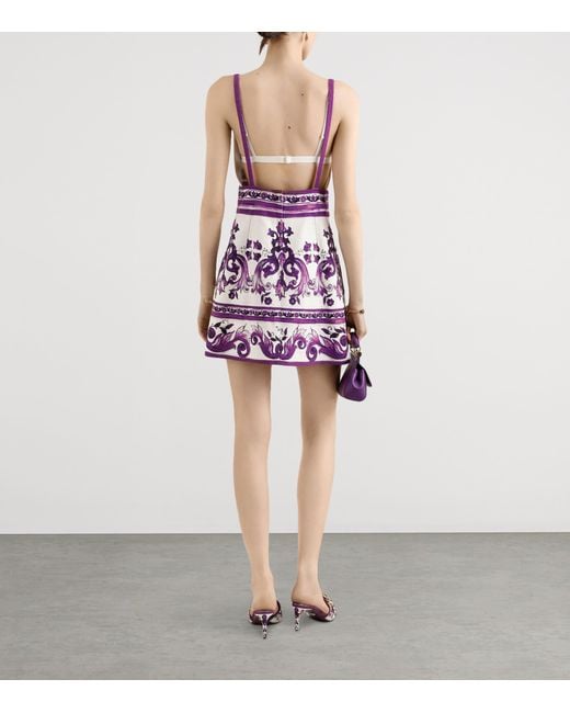 Dolce & Gabbana Purple Cotton-Linen-Blend Majolica Print Mini Dress