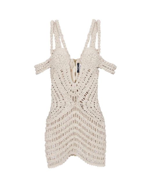 Balmain Natural Macramé Openwork Dress