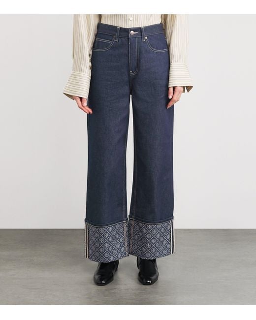 Tory Burch Blue Contrast-Cuff Straight Jeans