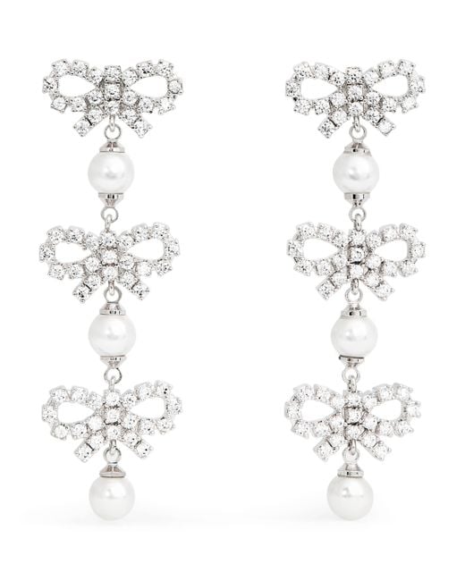 Self-Portrait White Crystal And Faux Pearl Bow Tiered Earrings