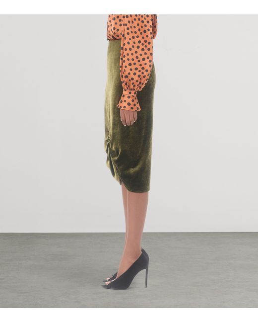 Valentino Green Velvet Gathered Midi Skirt