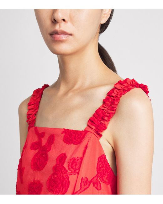 Ganni Red Floral Bubble-Hem Midi Dress