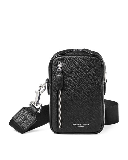 Aspinal Black Leather North South Reporter Messenger Bag for men