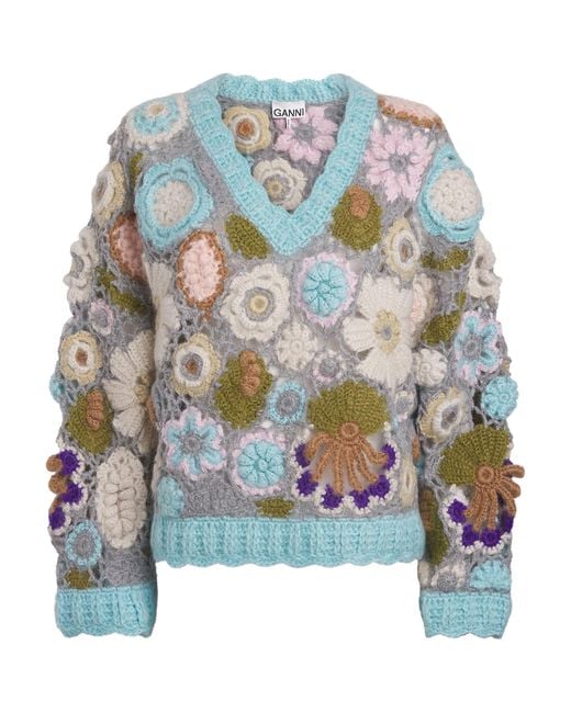 Ganni Blue Mohair-Blend Dreamy Floral Sweater