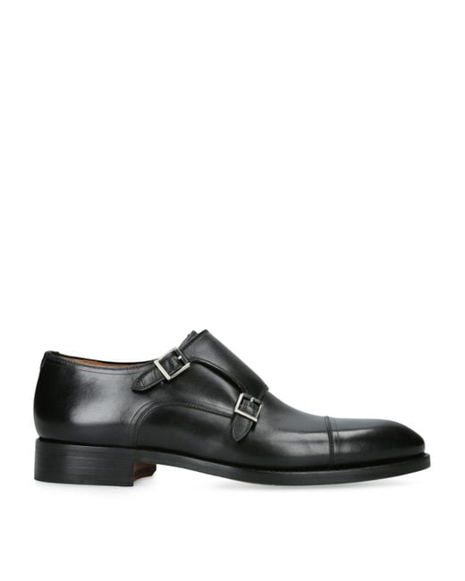Magnanni Shoes Black Leather Double Monk Shoes for men