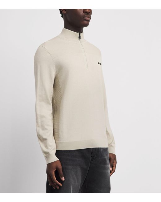 Boss White Ribbed Logo Quarter-Zip Sweater for men