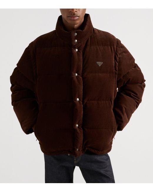 Prada Brown Logo-Plaque Corduroy Cotton Down Jacket for men
