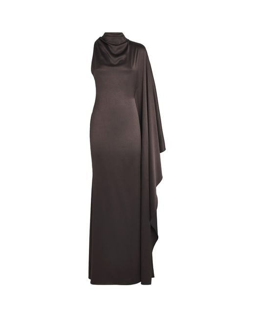 De La Vali Brown Satin One-Shoulder Odaluna Maxi Dress