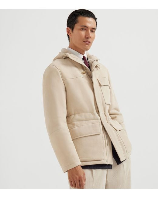 Brunello Cucinelli Natural Suede-Shearling Hooded Jacket for men