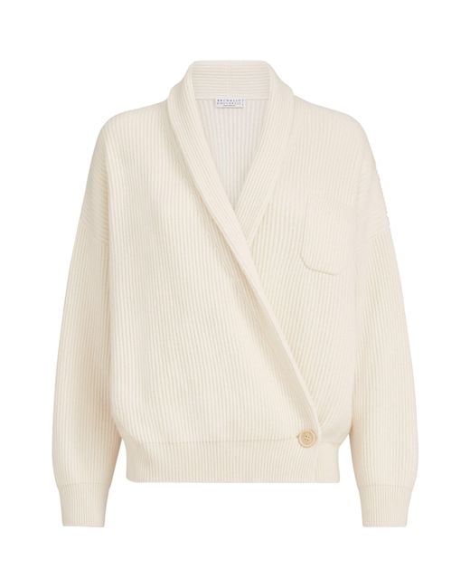 Brunello Cucinelli White Cashmere English Rib Asymmetric Cardigan