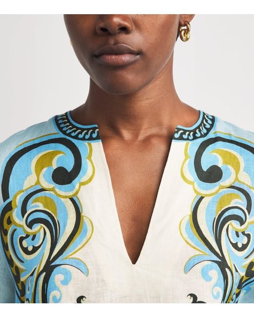 ALÉMAIS Blue Linen Printed Natalia Maxi Dress