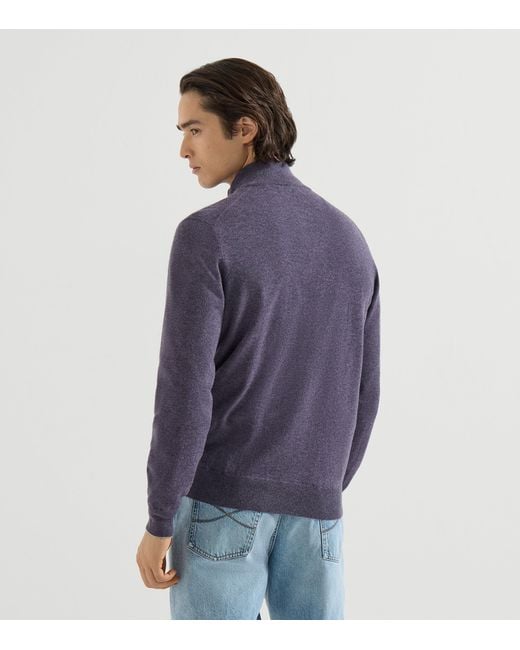 Brunello Cucinelli Blue Cashmere High-Neck Cardigan for men