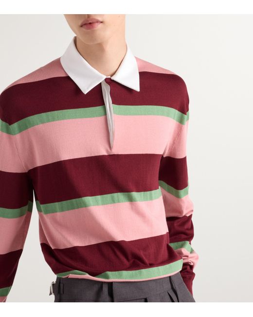 Prada Red Cotton-Silk Striped Polo Shirt for men