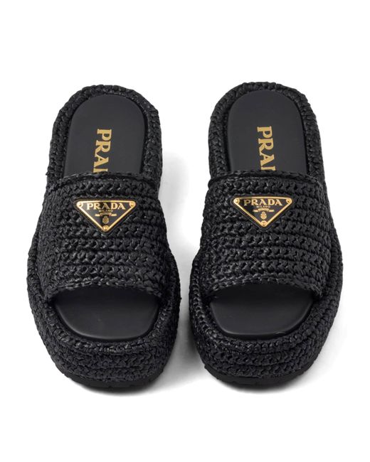 Prada Black Crocheted Raffia-effect Flatform Slides