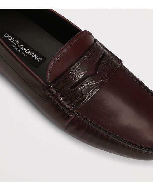 Dolce & Gabbana Brown Calfskin Crocodile-Insert Driving Shoes for men